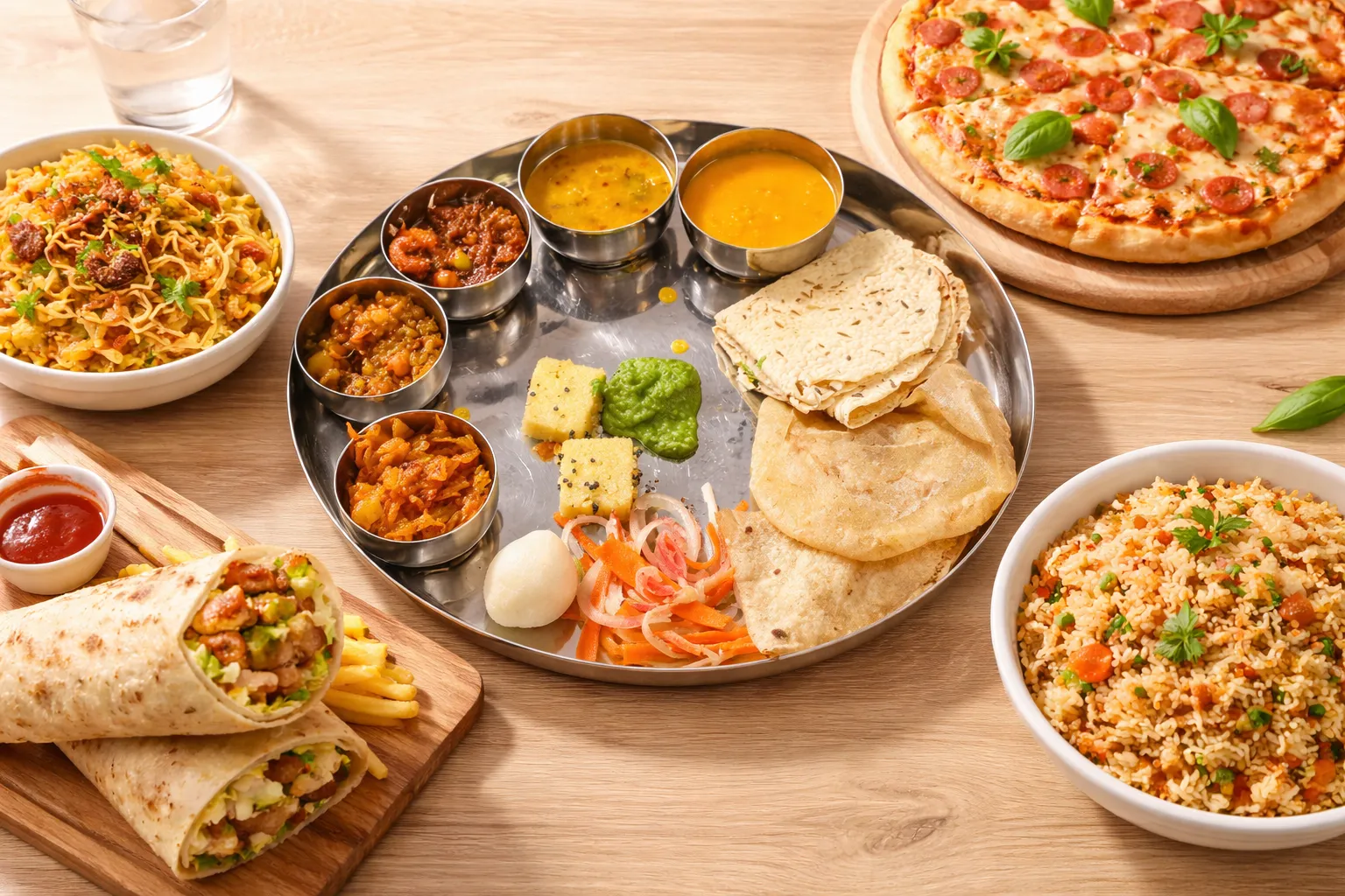 Authentic Gujarati thali with sabzi, dal, rice and roti at Vinni's By Vinayak – Pure Vegetarian Indian restaurant Winnipeg, 726 Sargent Ave West End